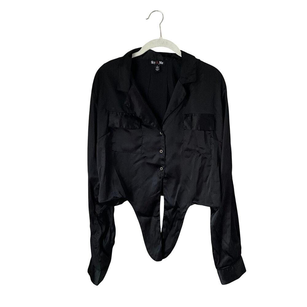 Iky & Me Black Silky Cropped Button-Up: 90s, Y2K, Modern